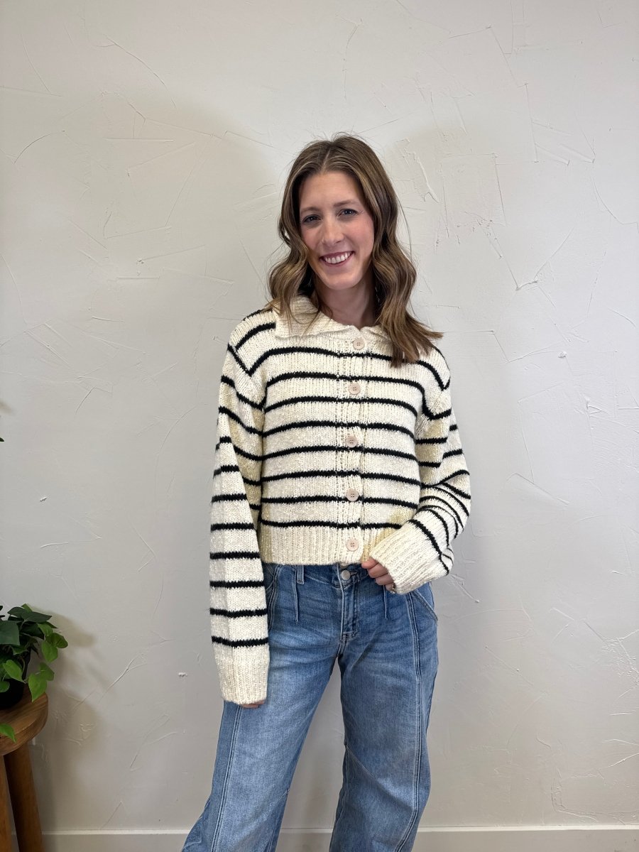 Collared Button Up Striped Cardigan - Three:Twelve Boutique - zenana