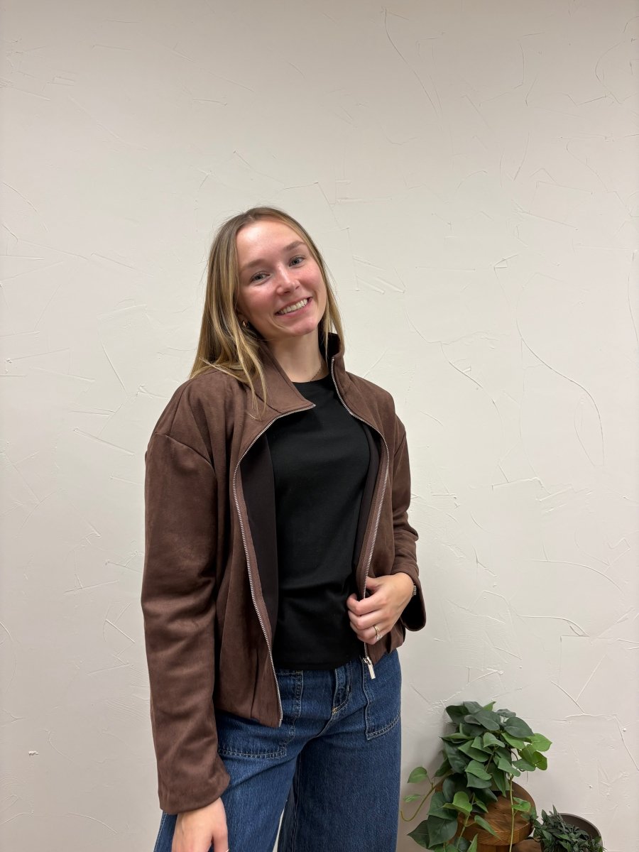 Collared Faux Suede Zip Up Jacket - Three:Twelve Boutique - she+sky