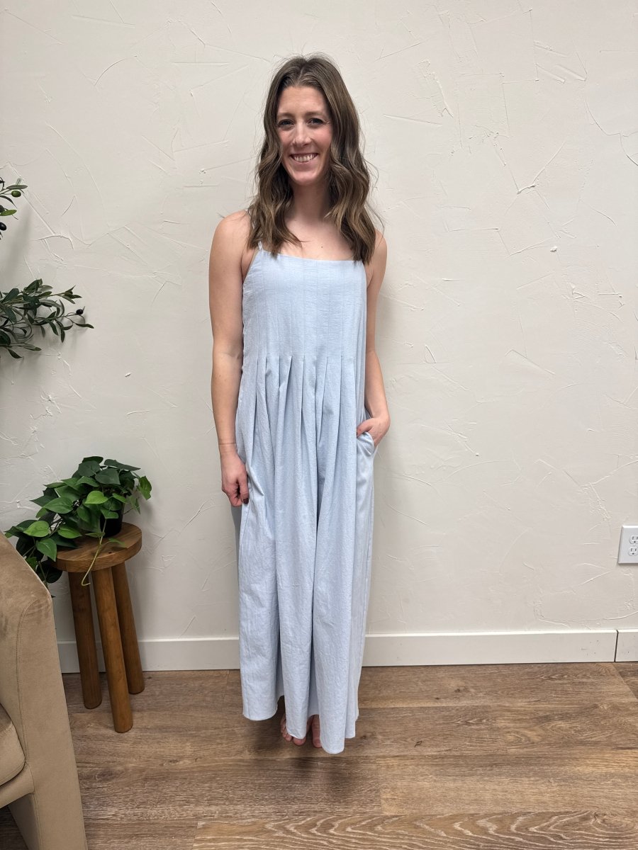 Cotton Pleated Bust Midi Dress – Sleeveless Flowy Summer Dress Small