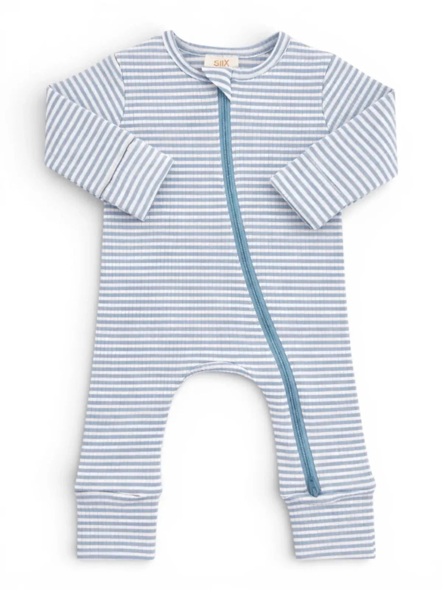 Dusty Blue Stripe / Ribbed 2-Way Zip Romper - Three:Twelve Boutique - SIIX COLLECTION