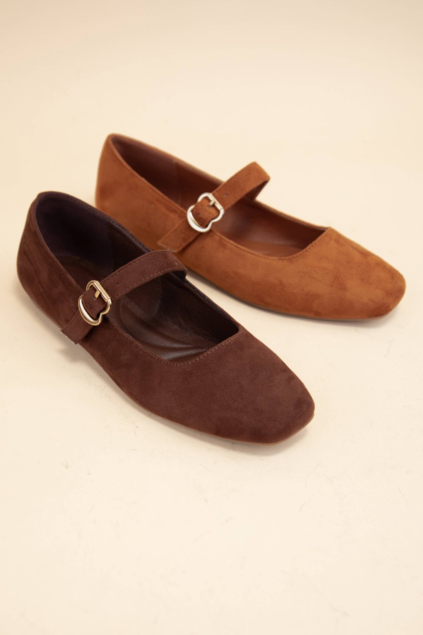 CHARLOTTE-10 BUCKLED STRAP SOFT SQUARE TOE MARY JANE FLATS: BROWN SUEDE / C12