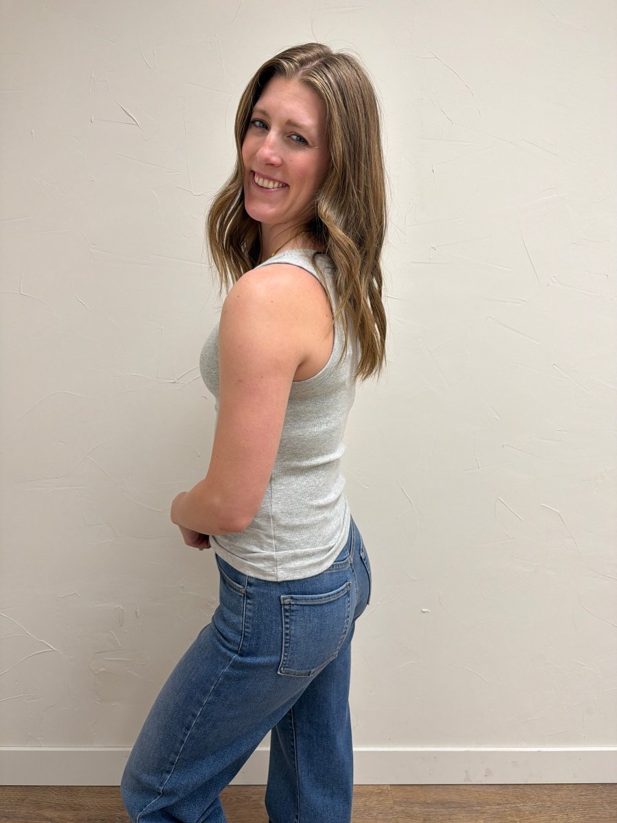 Side view of Edlin Tank highlighting fitted design — Three Boutique