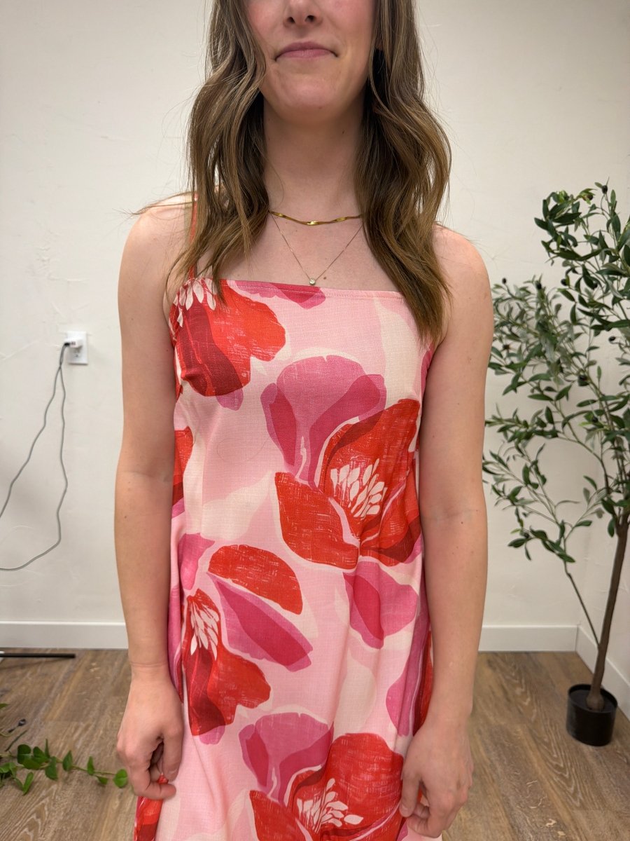 Close up of floral print fabric detail on Strap Linen Maxi Dress — Three Boutique