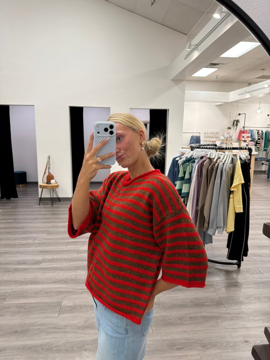 Side view of model wearing Women's Striped Knit Quarter Sleeve Cardigan Sweater