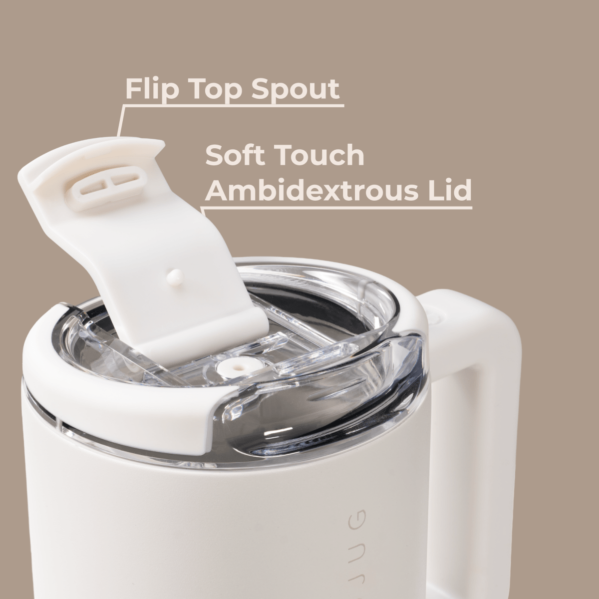 Close up of soft-touch leakproof lid and sipping opening detail — Three:Twelve Boutique