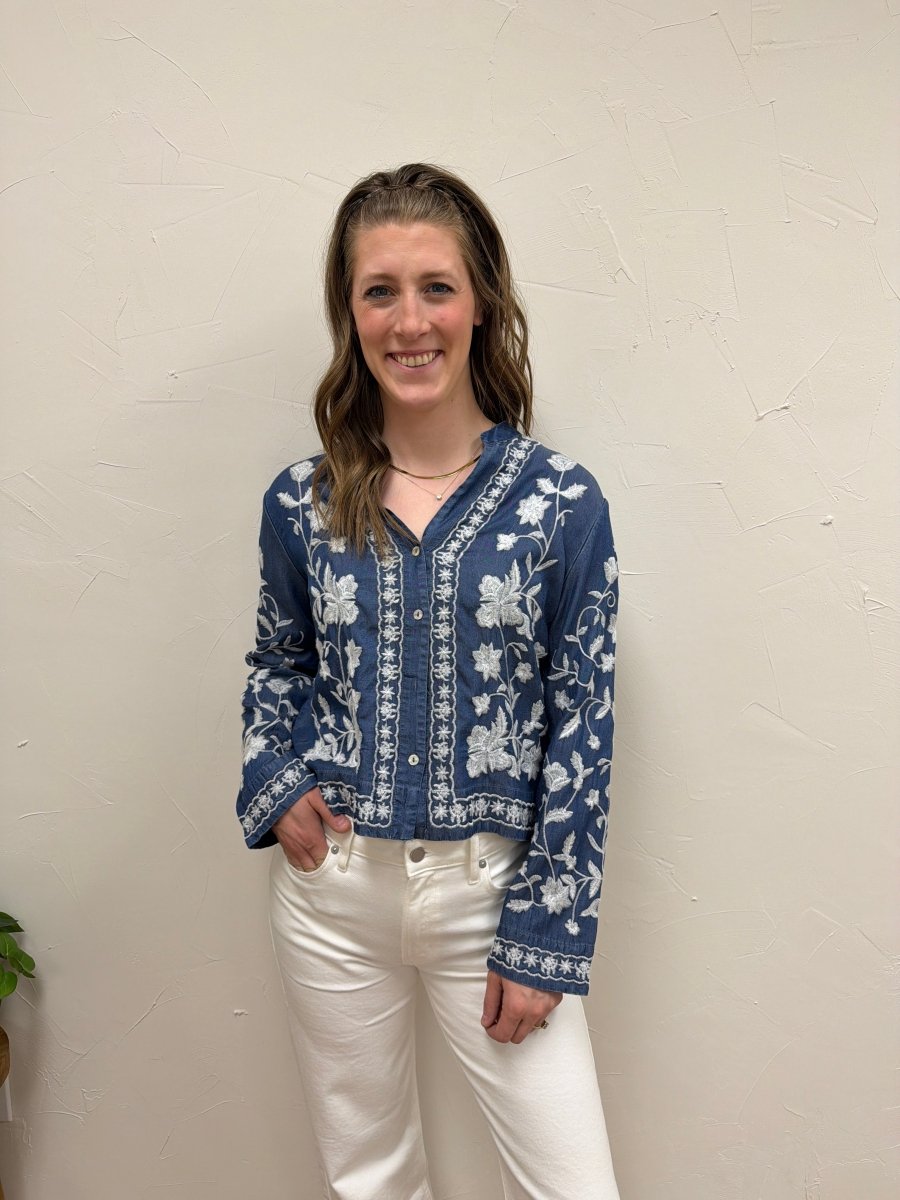 Long Sleeve Embroidered Denim Button Down Top - Three:Twelve Boutique - en Creme
