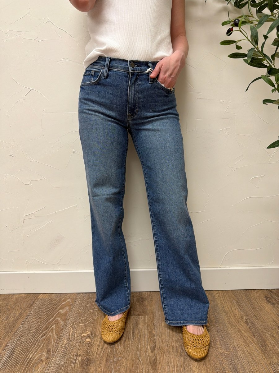 Lifestyle shot of model styled casually wearing Loose Straight Fit Jeans with a simple top — Three:Twelve Boutique