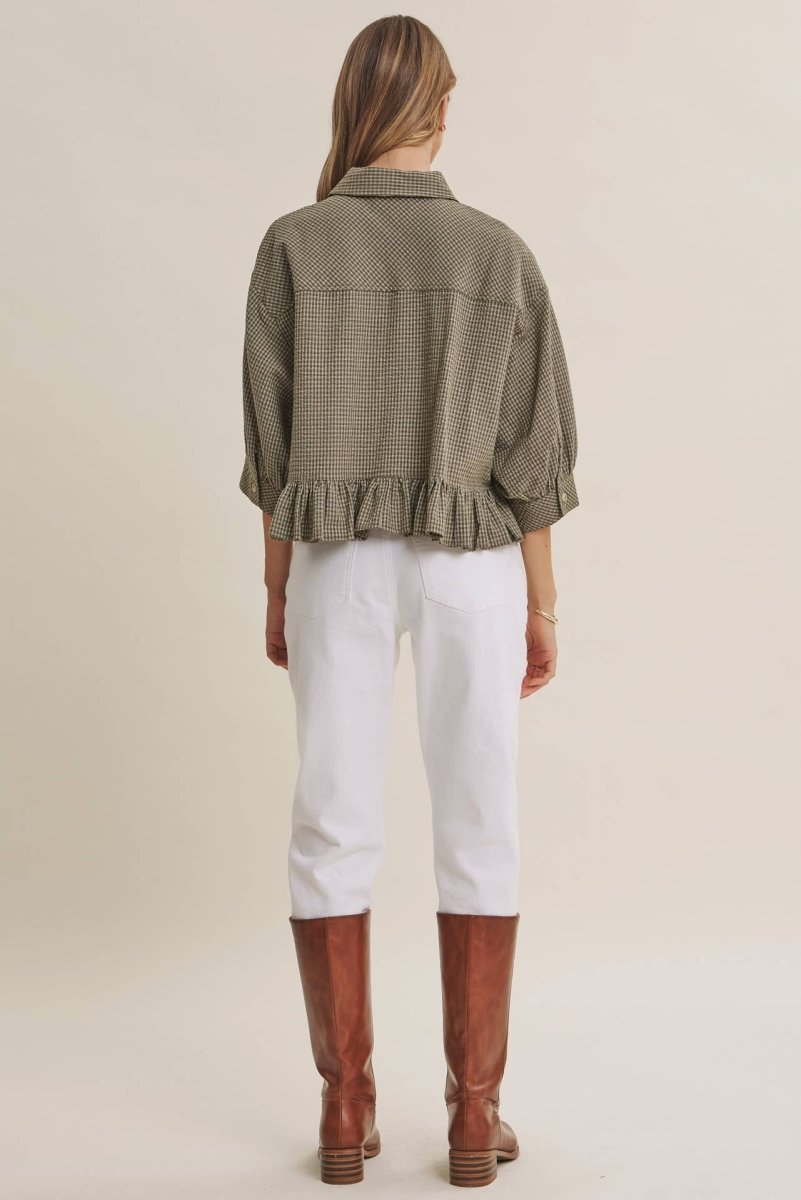 MICRO CHECK RUFFLE HEM BUTTON-DOWN SHIRT - Three:Twelve Boutique - in february