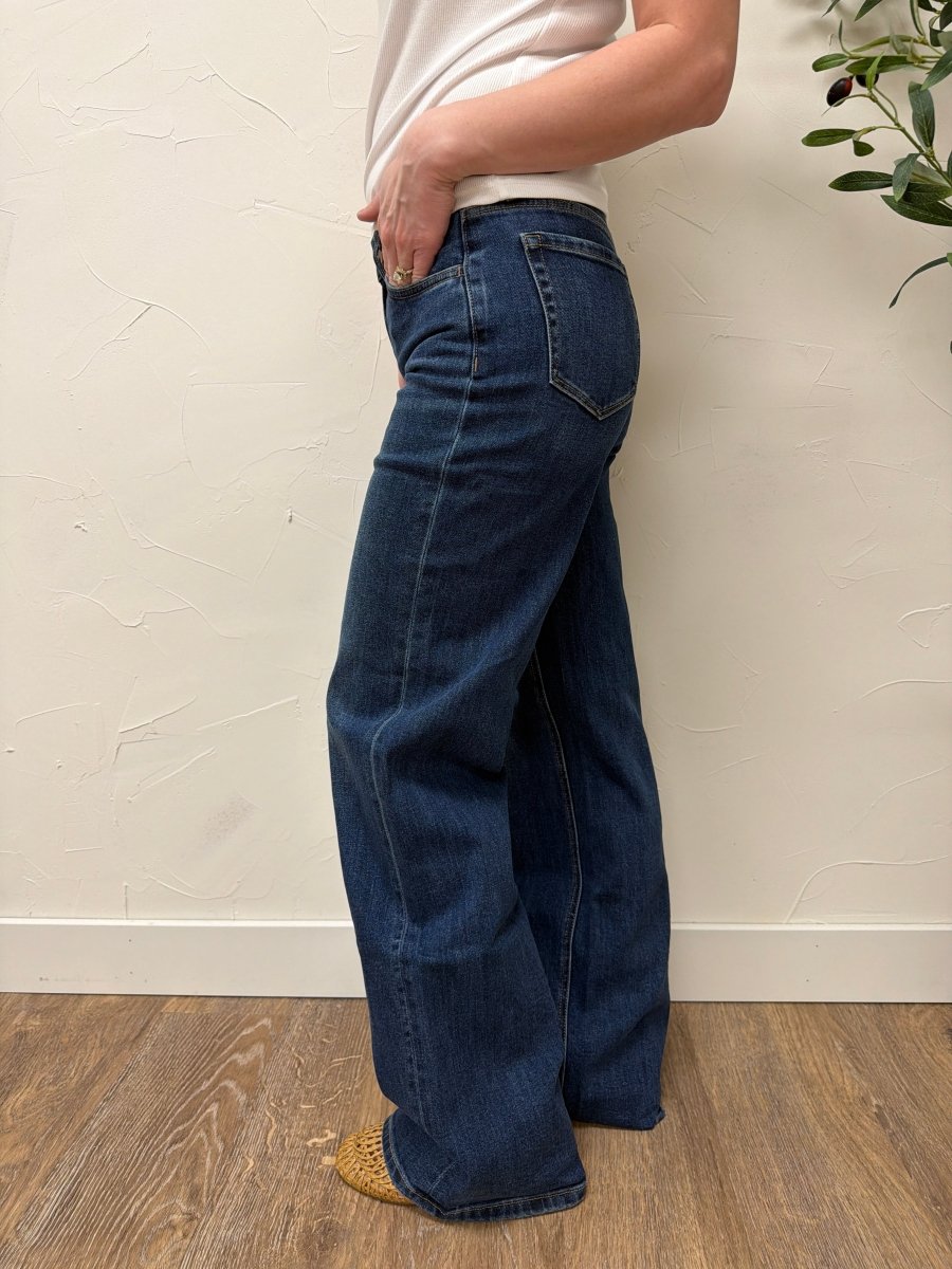 Side view of wide leg jeans showing full length and relaxed silhouette — Three:Twelve Boutique