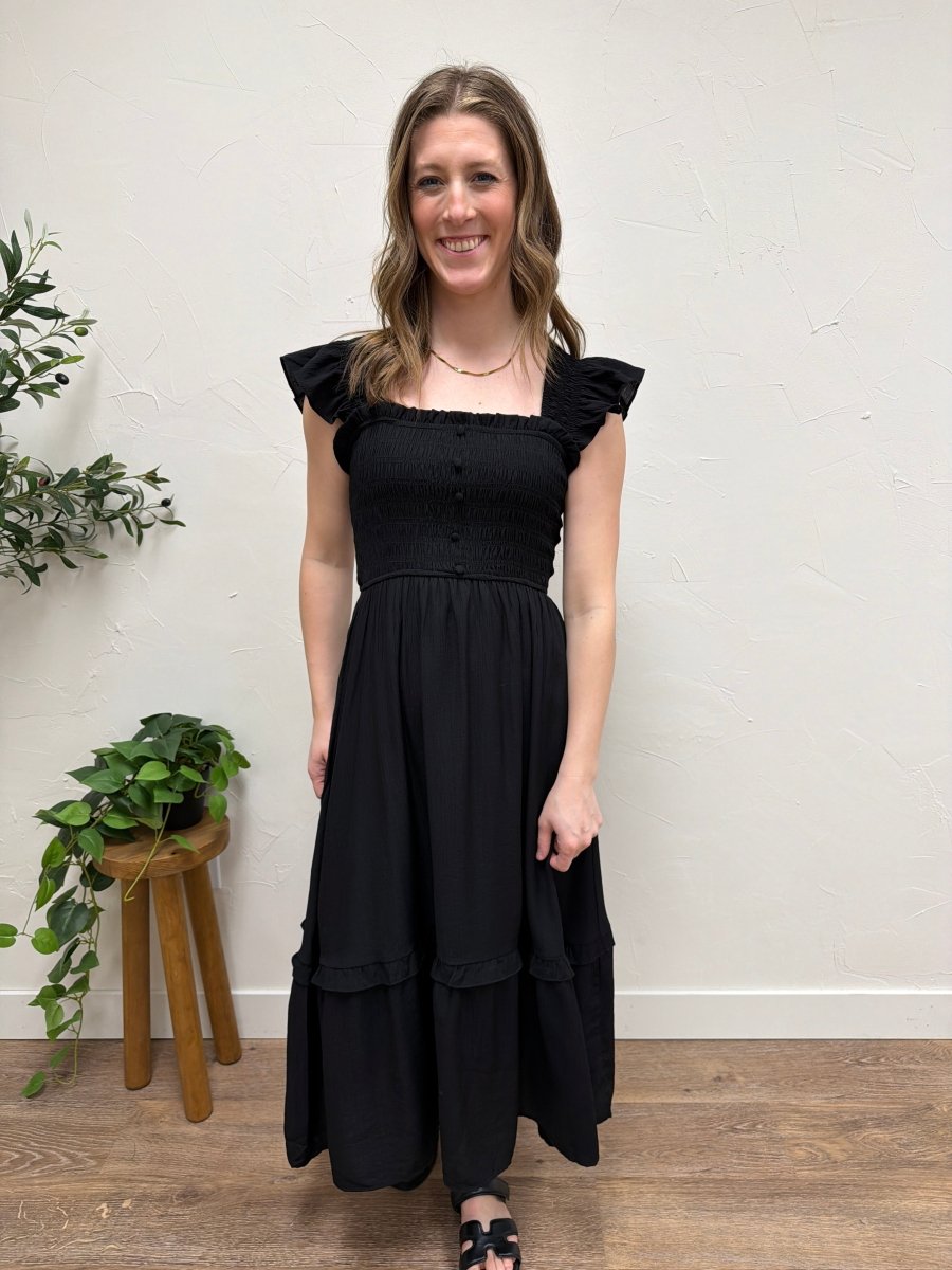 Mock button Down Smocked Ruffle Midi Dress - Three:Twelve Boutique - Blu Pepper