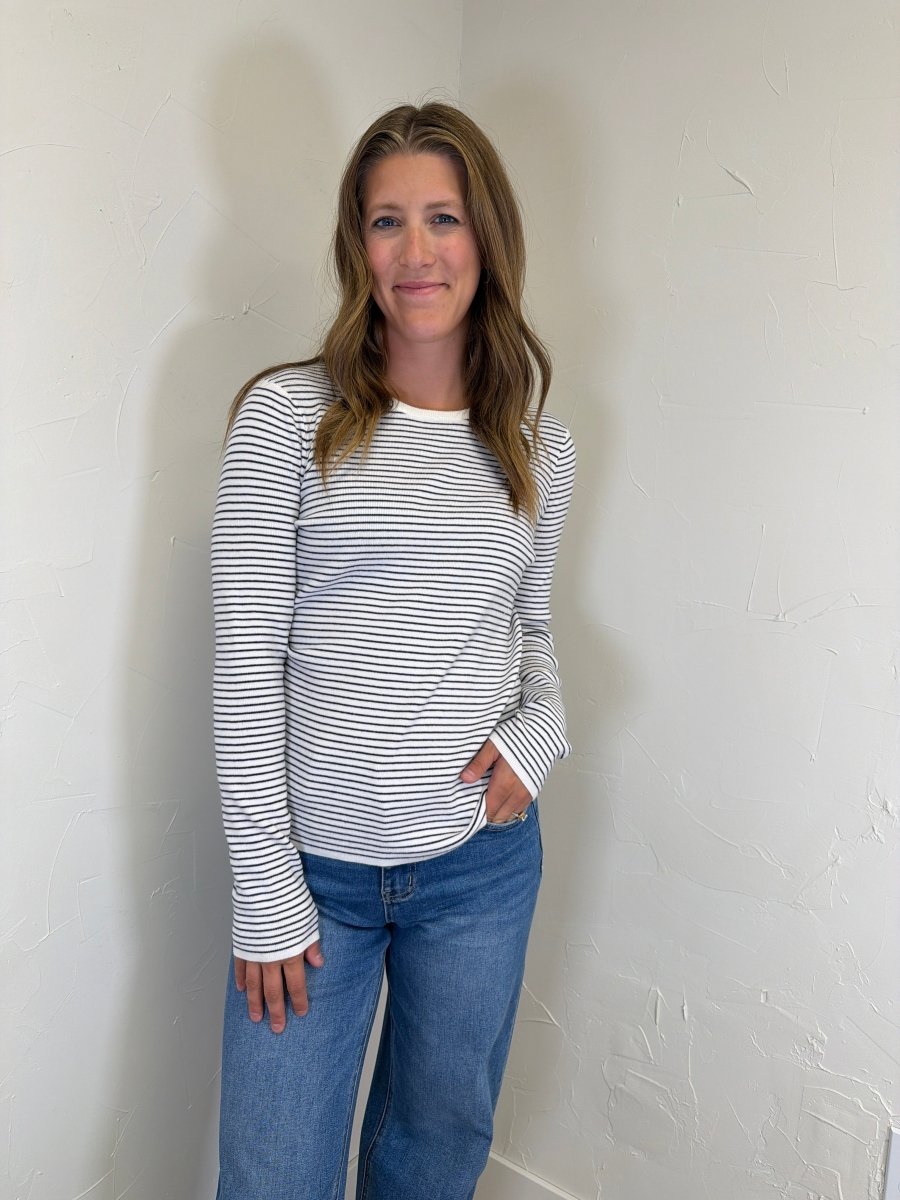 PINSTRIPE BASIC CREW SWEATER - Three:Twelve Boutique - Staccato