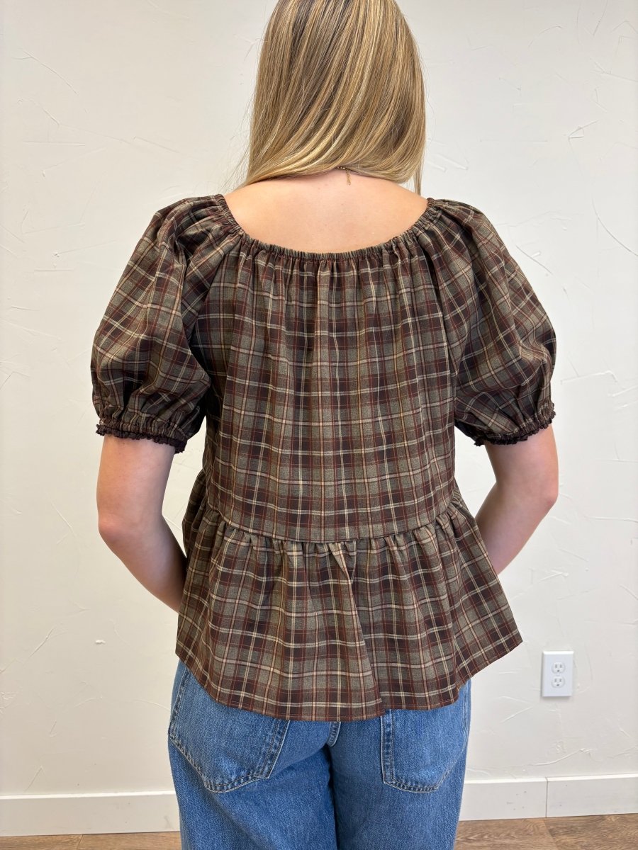 Plaid Square Neck Puff Sleeve Peplum Top - Three:Twelve Boutique - Wishlist
