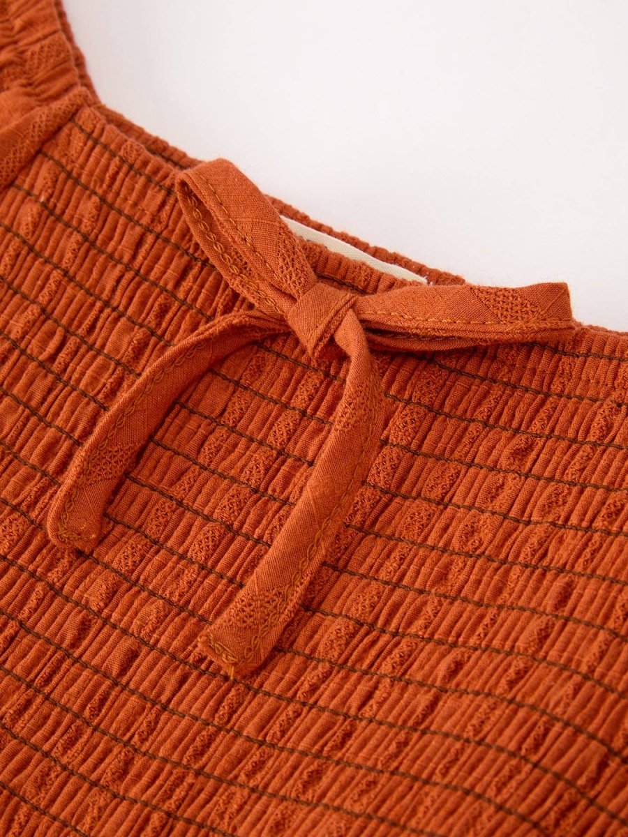 Rust Smocked Lace Trim Ruffle Dress - Three:Twelve Boutique - Rylee Faith Designs