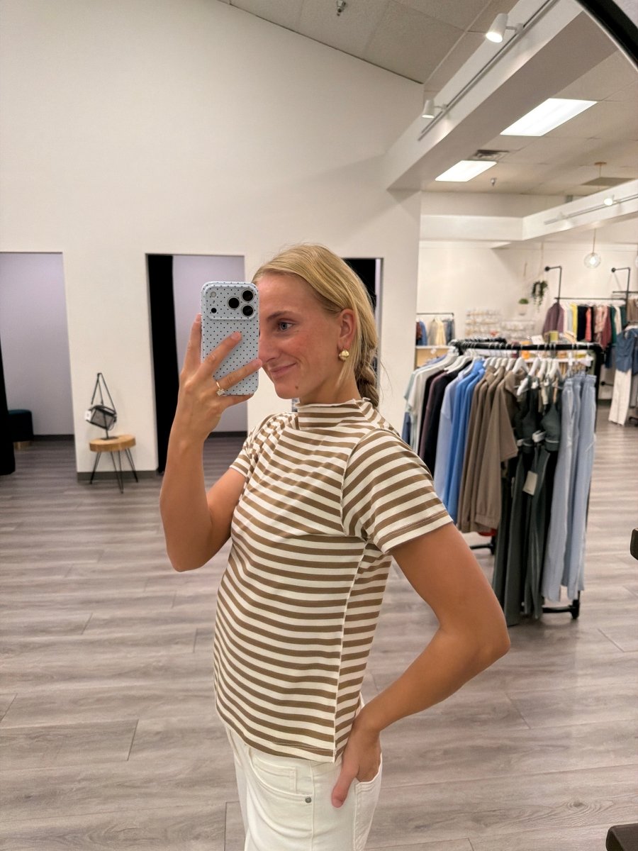 Side view of striped mock neck top showing fit and sleeve length — Three:Twelve Boutique