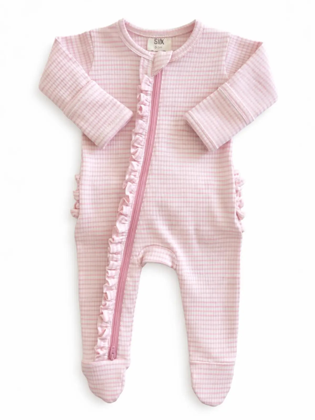 Pink Stripe / Ribbed Frill 2-Way Zip Footie