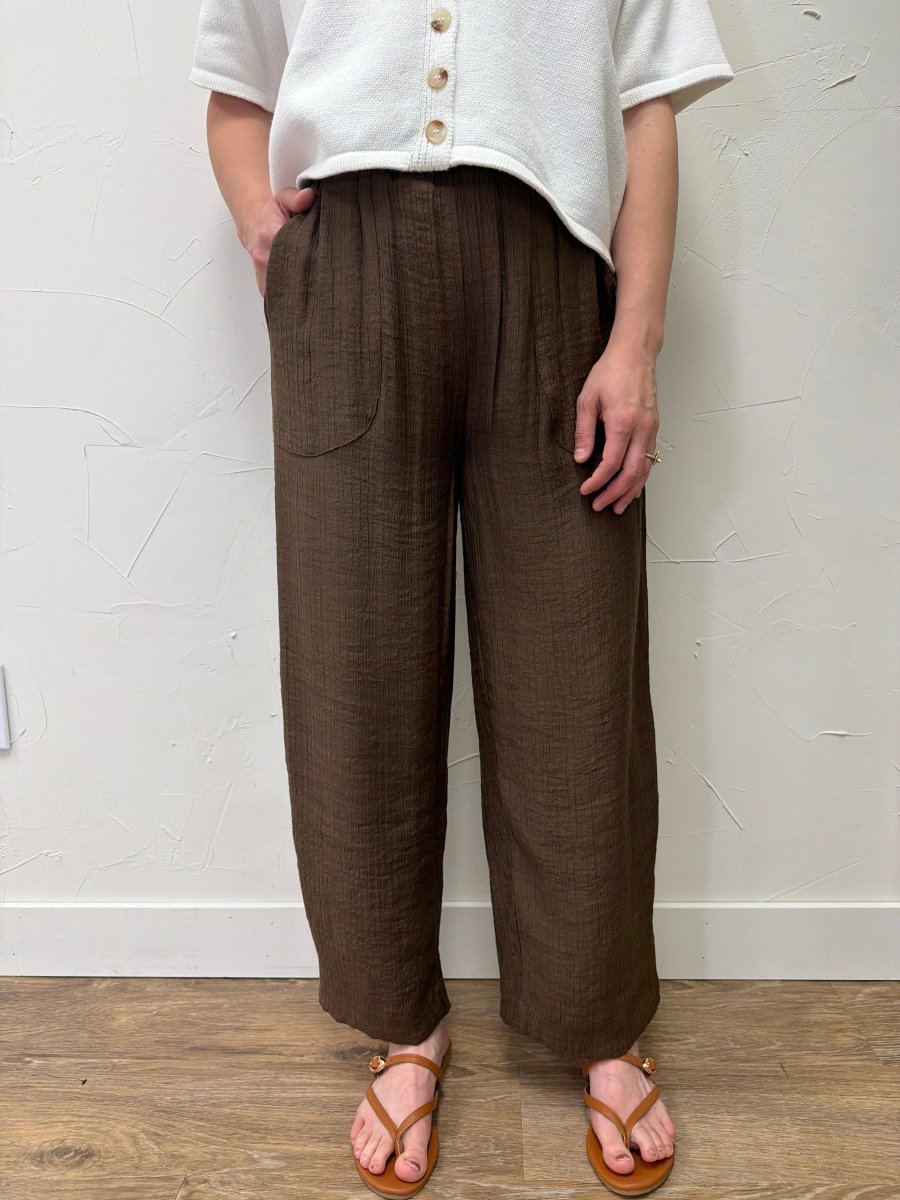 Front view of model wearing Textured High Elastic Waist Lounge Pant — Three Boutique