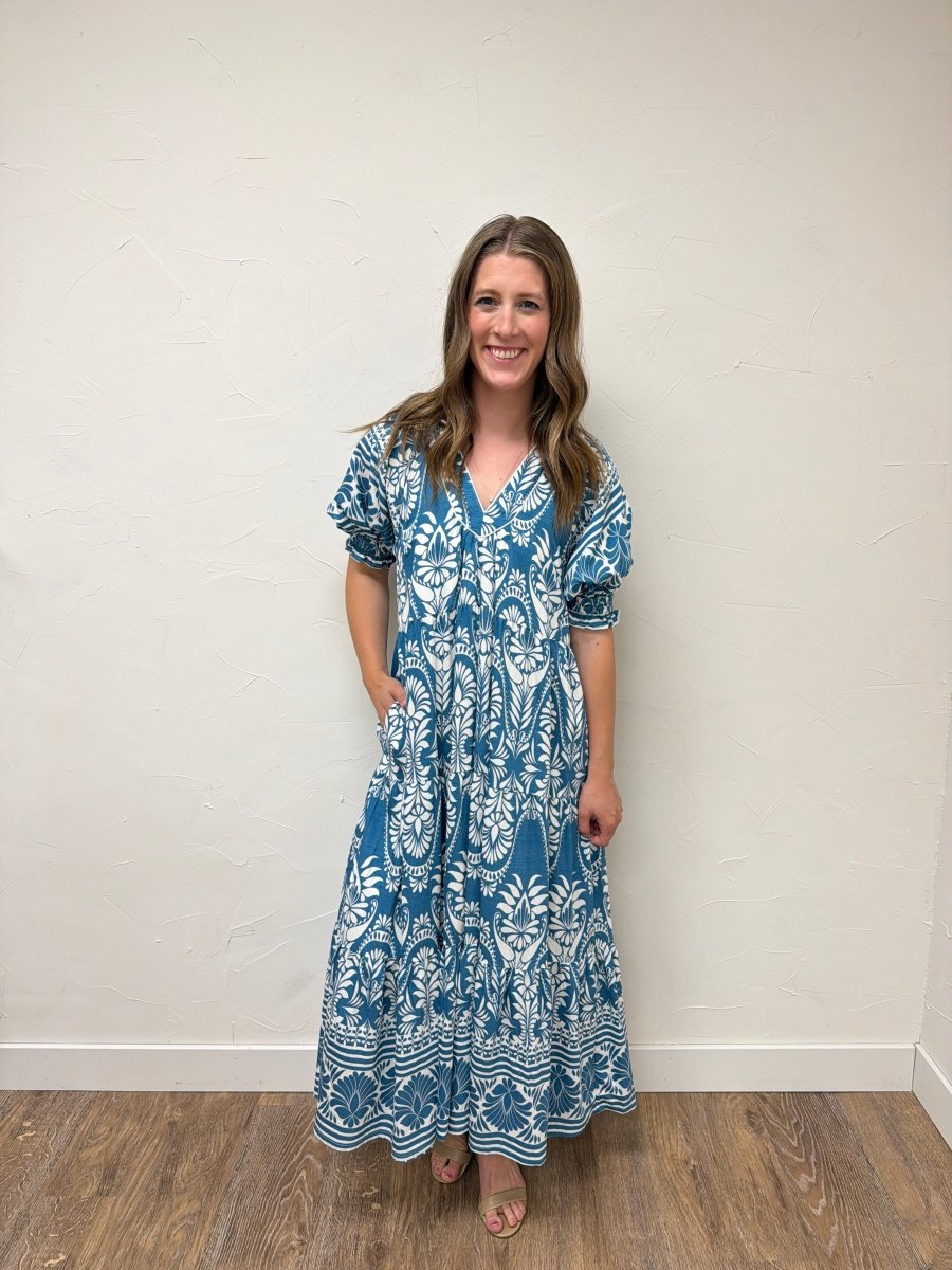 two tone midi dress Border Print light blue / Large Cocktail Parties Ruffled Flowy Victorian Colonial Size:One Size Fits UK 8 to 20 Wedding Dress Rentals