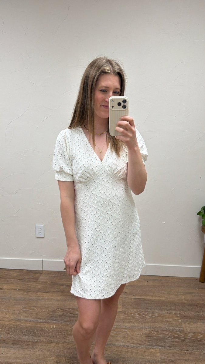 Front view of model wearing V Neck Mini Dress showing full silhouette — Three Boutique