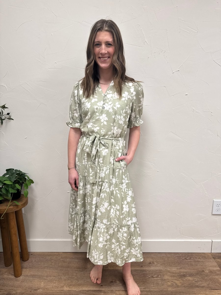 V Neck Waist Tie Tiered Midi Dress - Three:Twelve Boutique - Calista