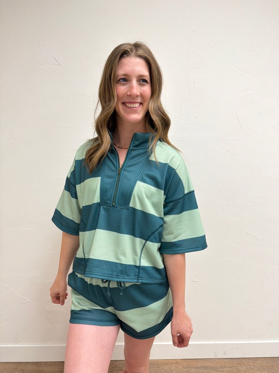 Front view of model wearing Vintage Striped Top with Shorts Set — Three Boutique