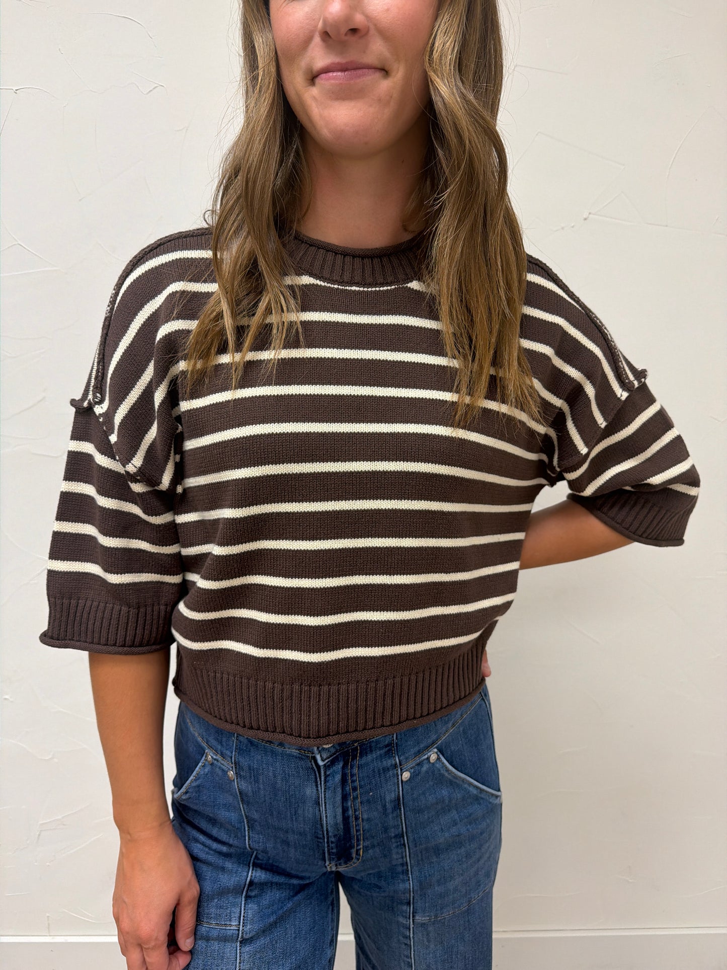 Exposed Seam Striped Round Neck Pullover