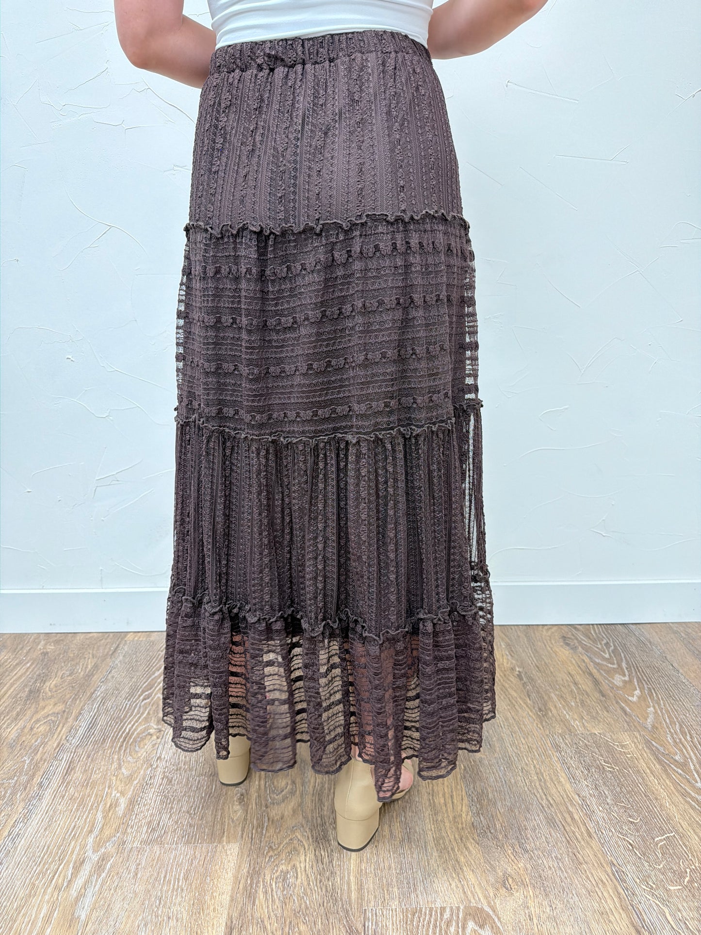 Textured Stripe Ruffle Tiered Midi Skirt