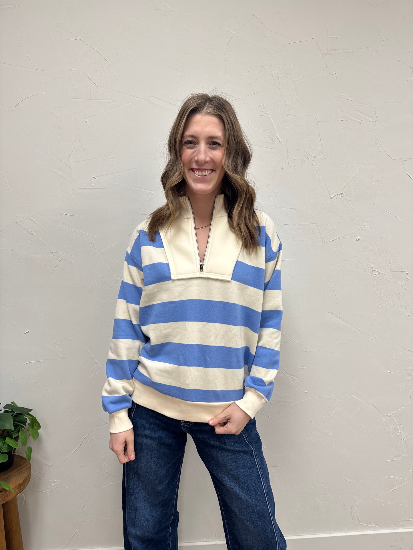 Striped French Terry Half Zip Sweatshirt
