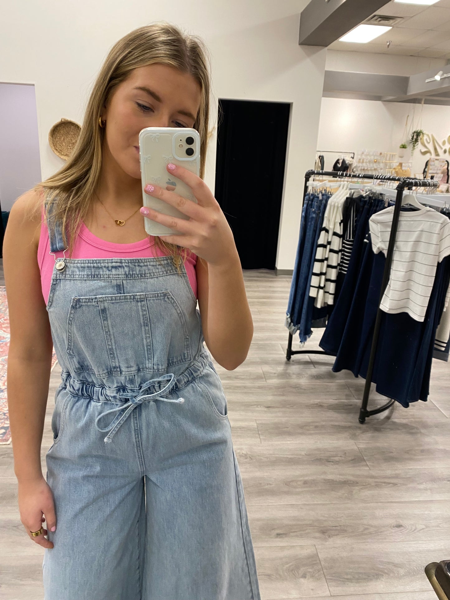 Drawstring Wide Leg Denim Overalls