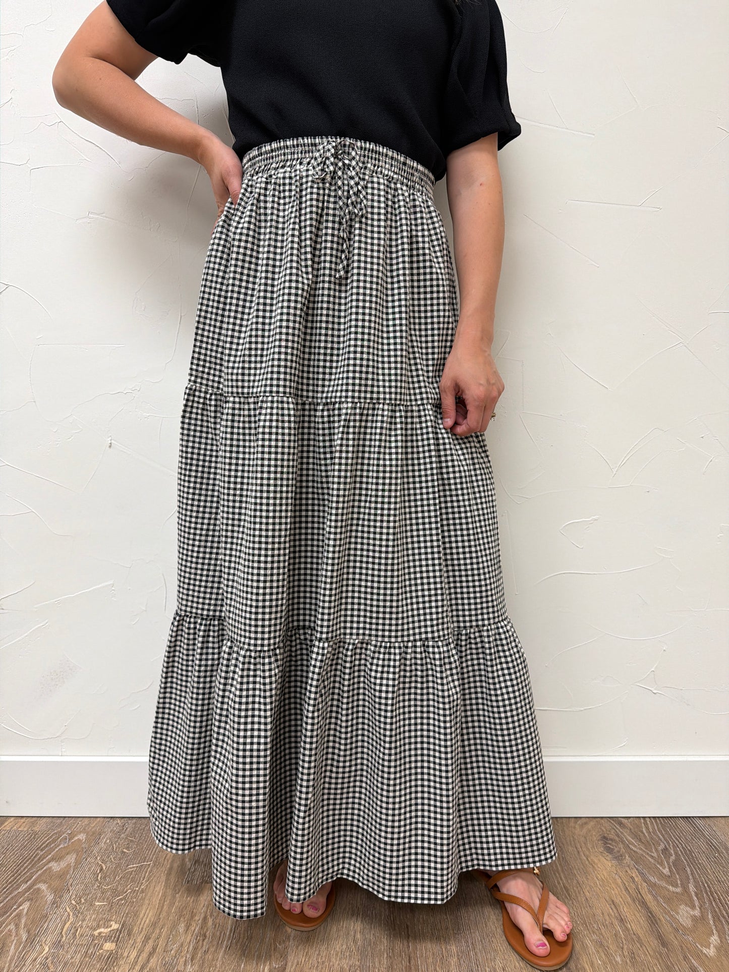 Plaid Tiered Ruffled Drawstring Maxi Skirt