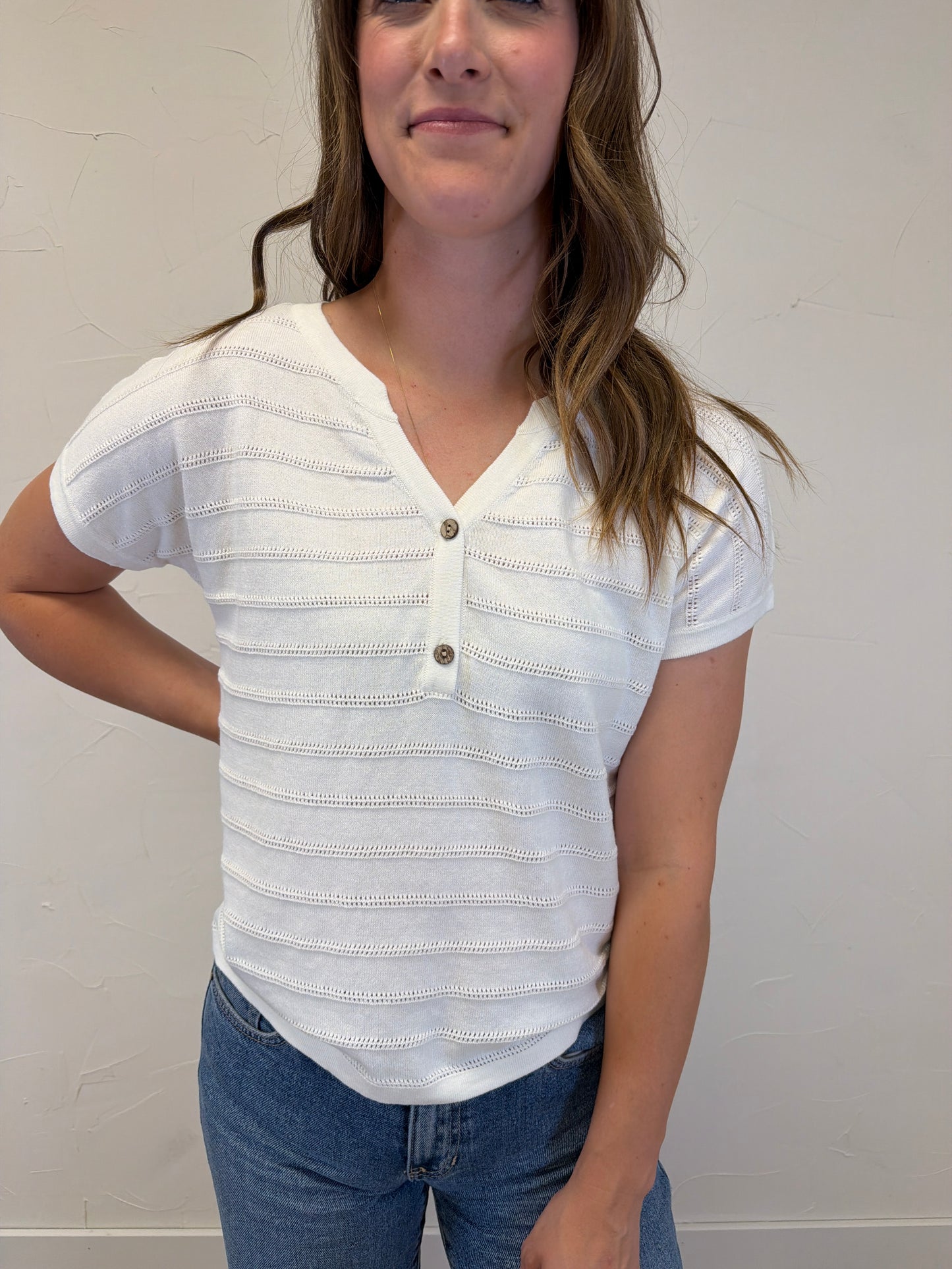 Pointelle Striped Half Button Neck Sweater