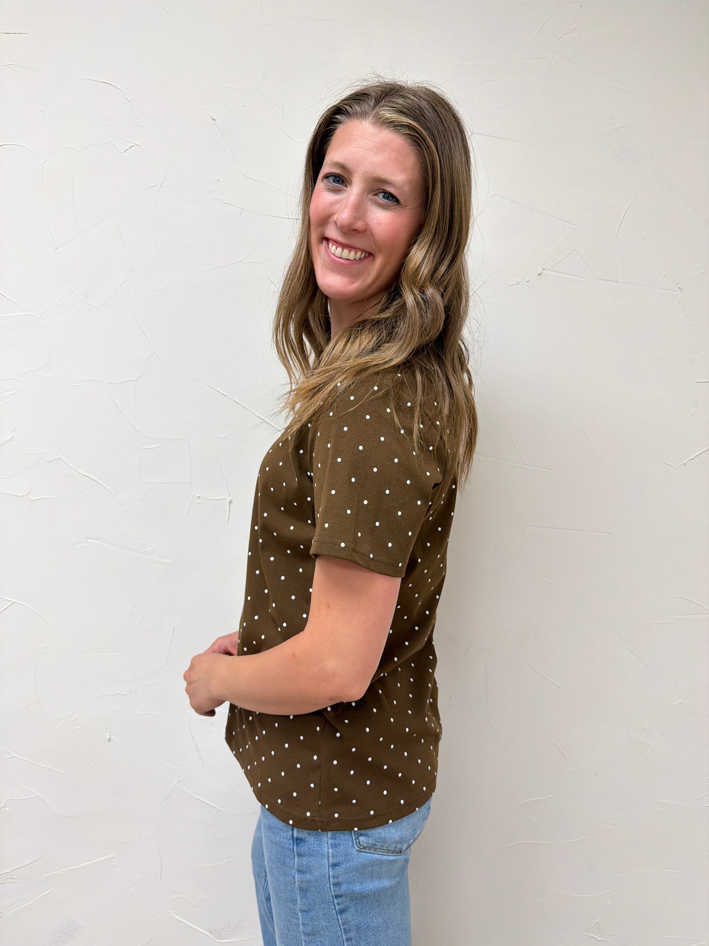 Polka Dot Crew Neck Cotton KNit Top