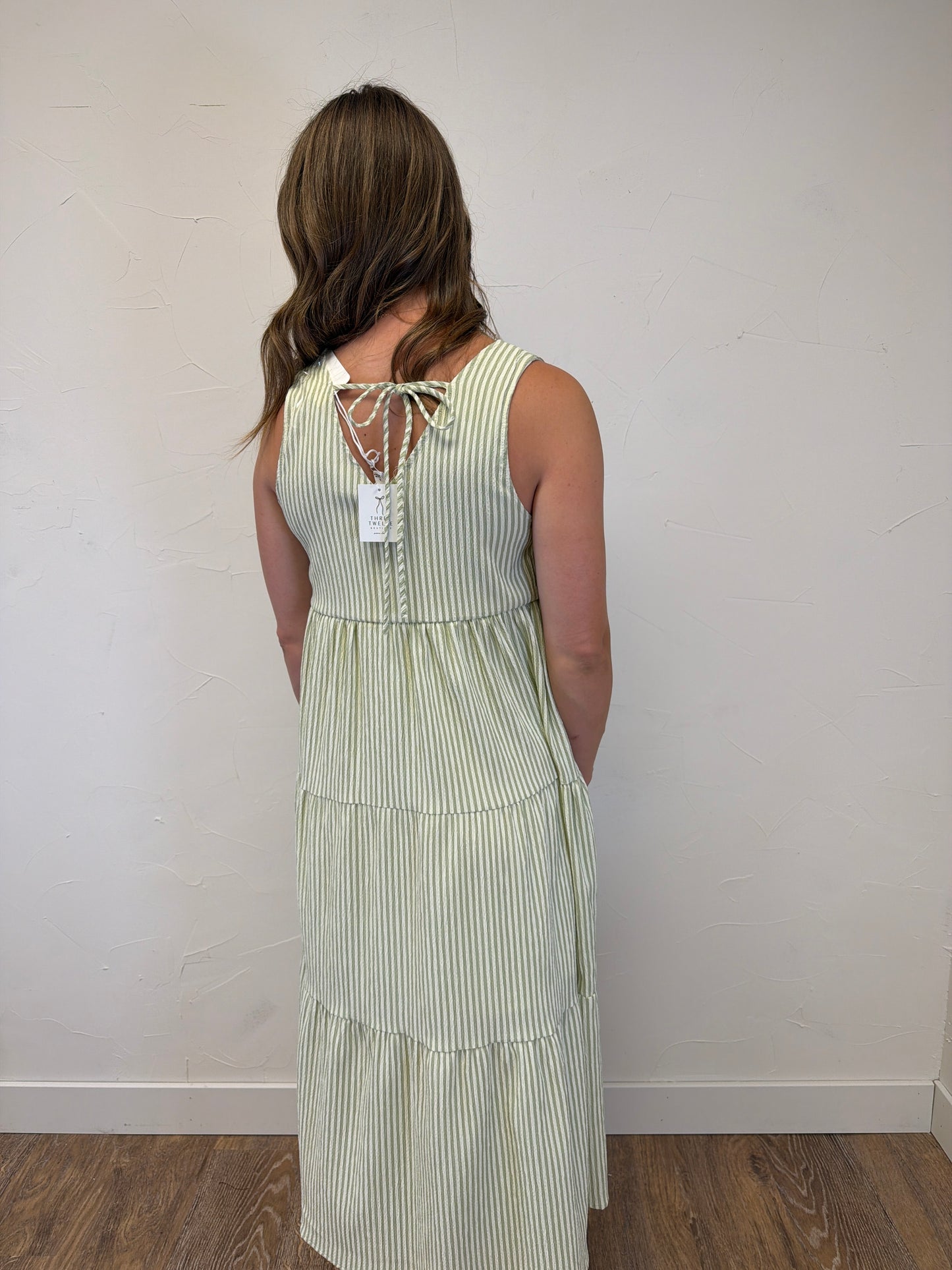 V Neck Sleeveless Tiered Stripe Midi Dress