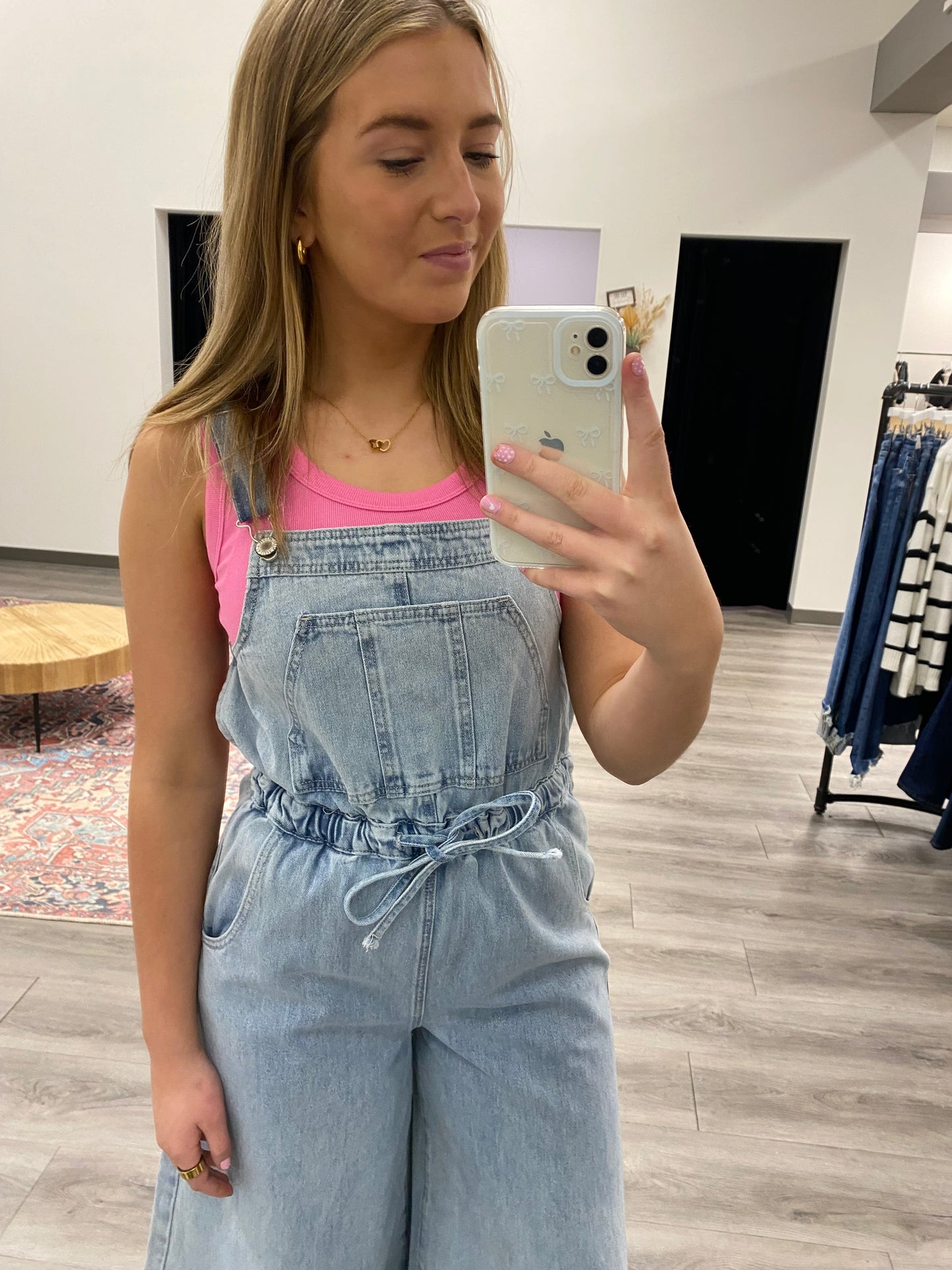 Drawstring Wide Leg Denim Overalls