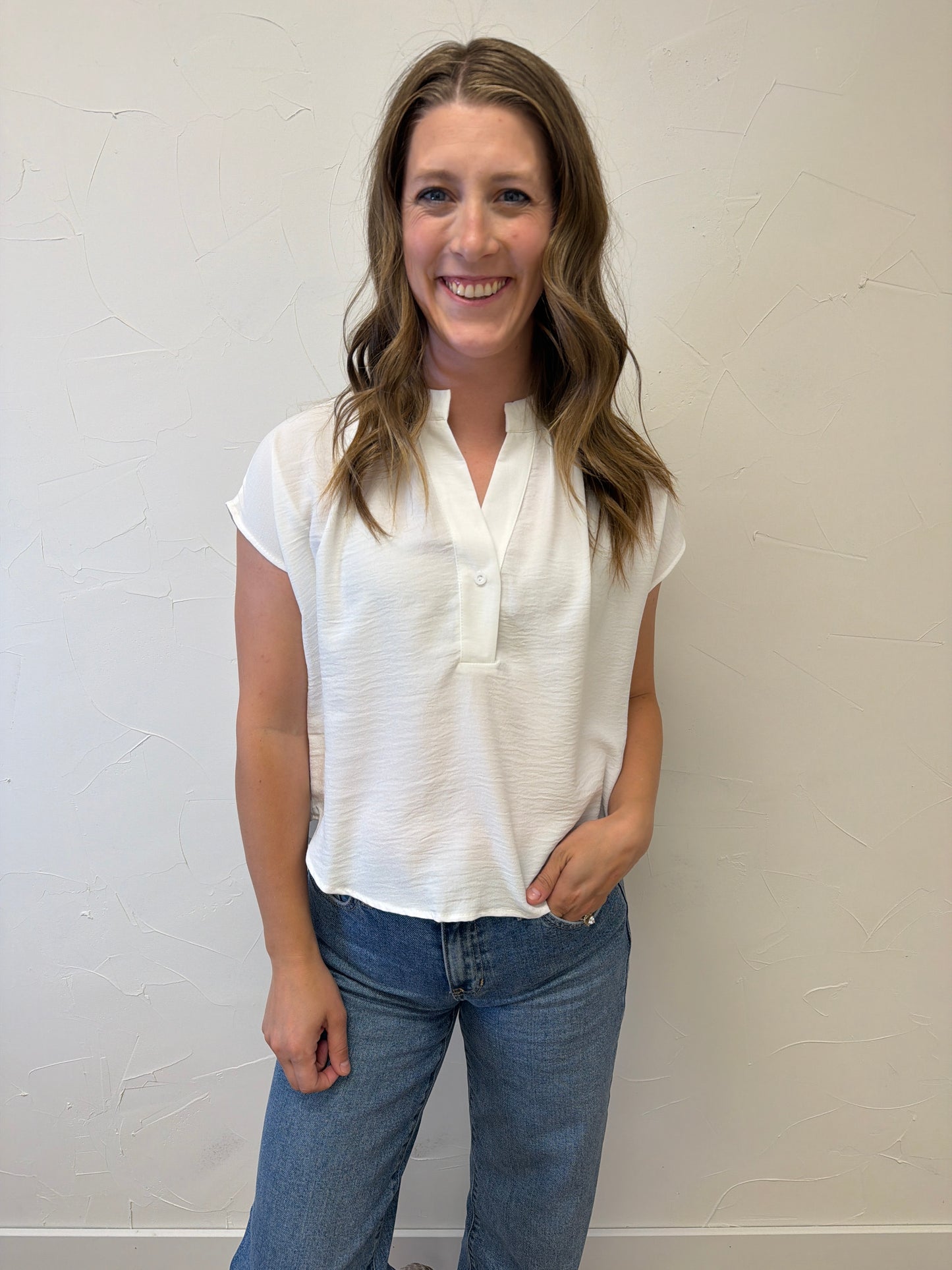 Henley neck Short Cap Sleeve Blouse