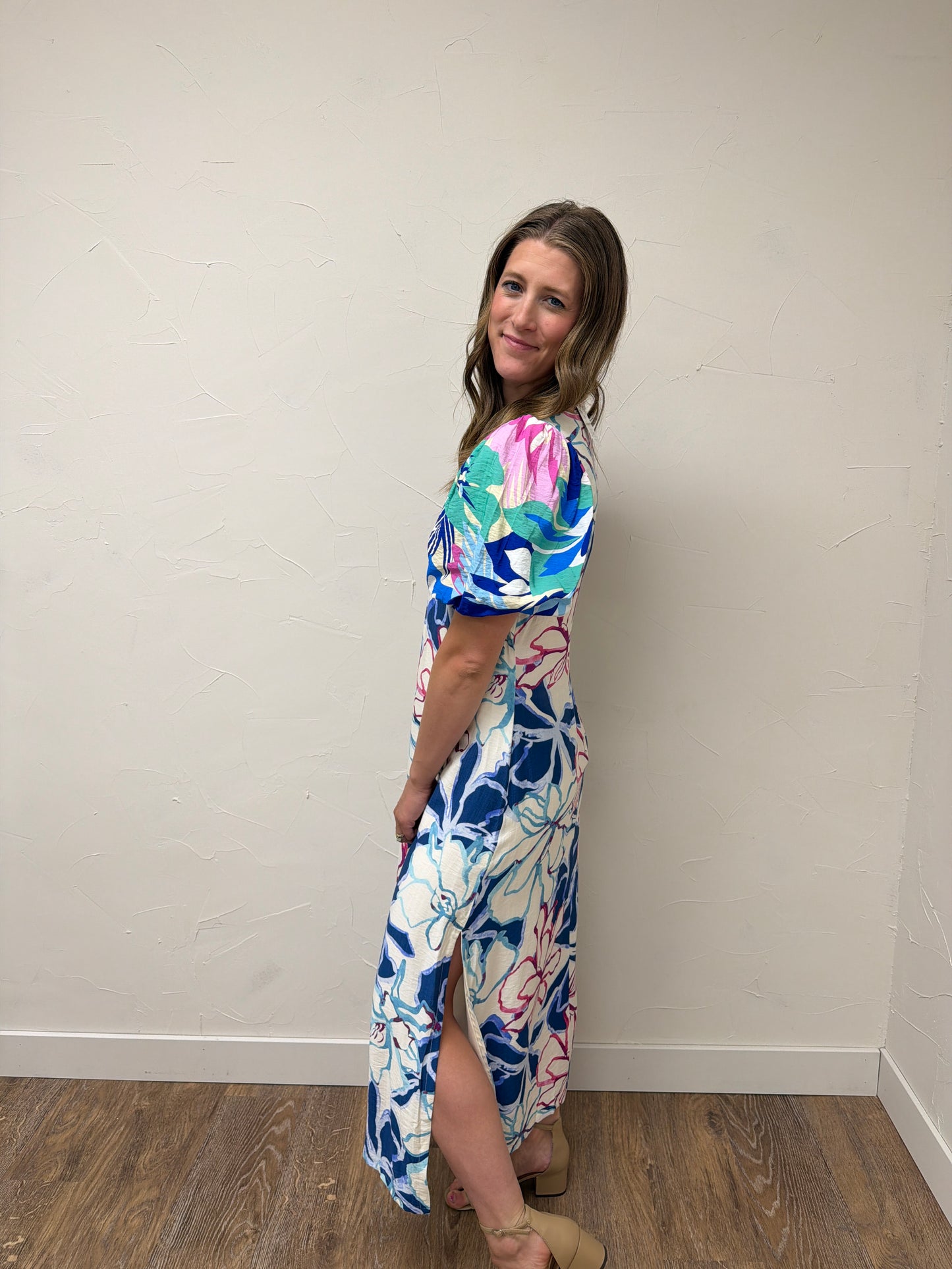 Tropical Floral Puff Sleeve Maxi Dress