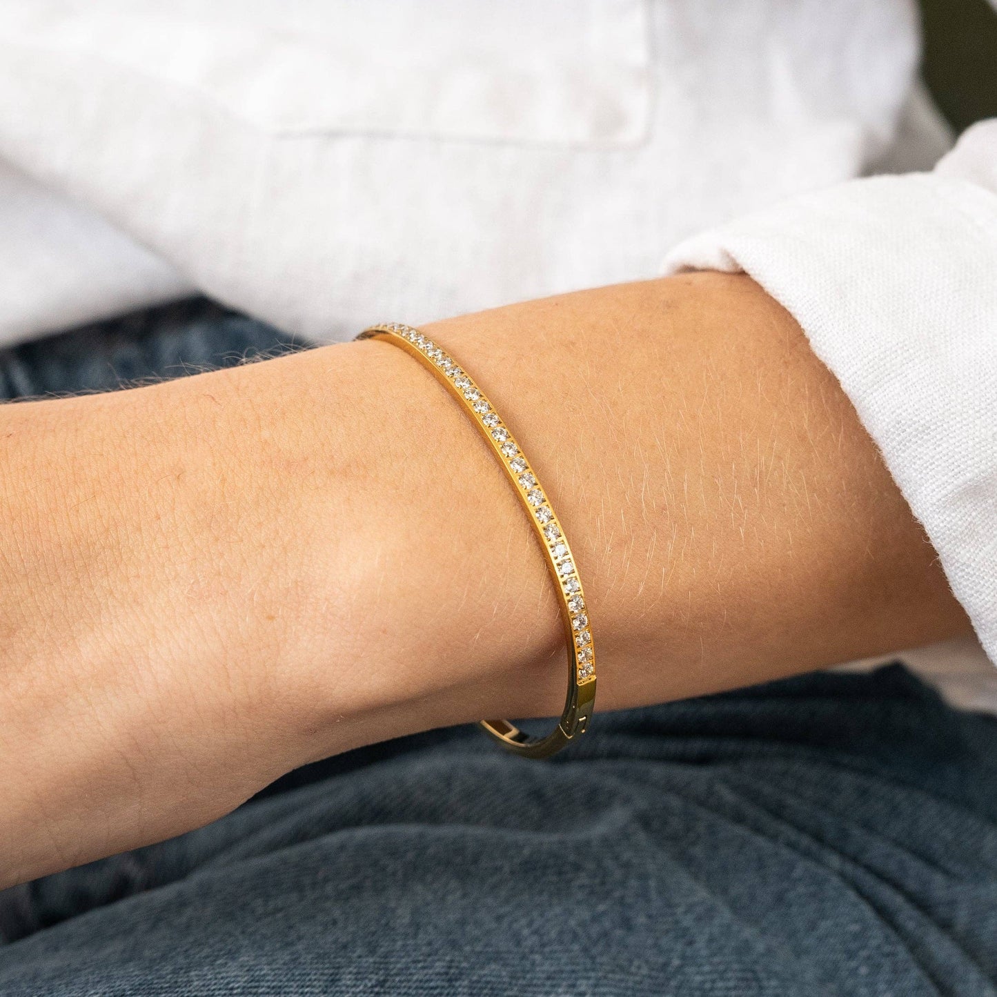 Waterproof Gold Lined Tennis Bangle: Yellow Gold