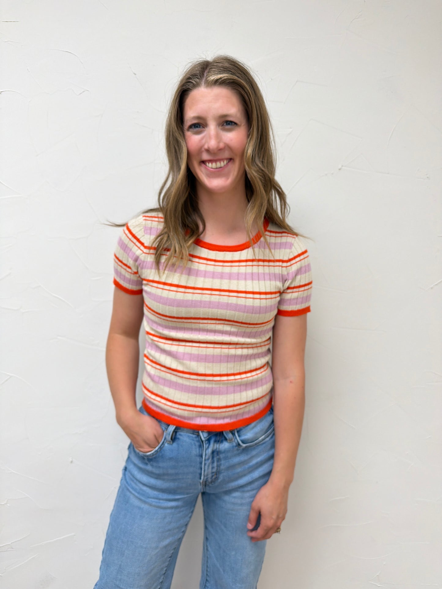 Knit Sweater Multi Color Striped Short Sleeve