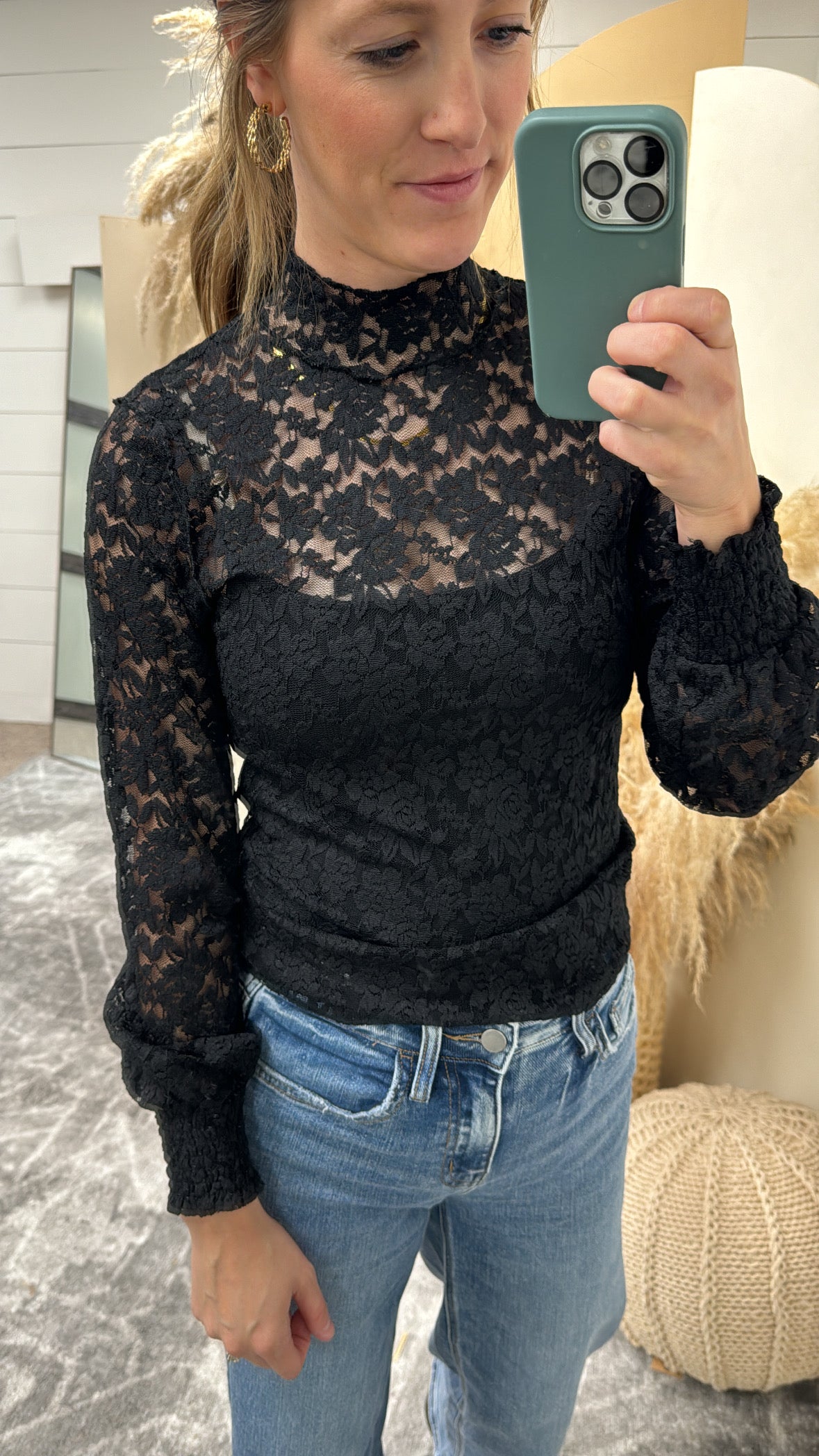 Brushed Lace Mock Neck Top