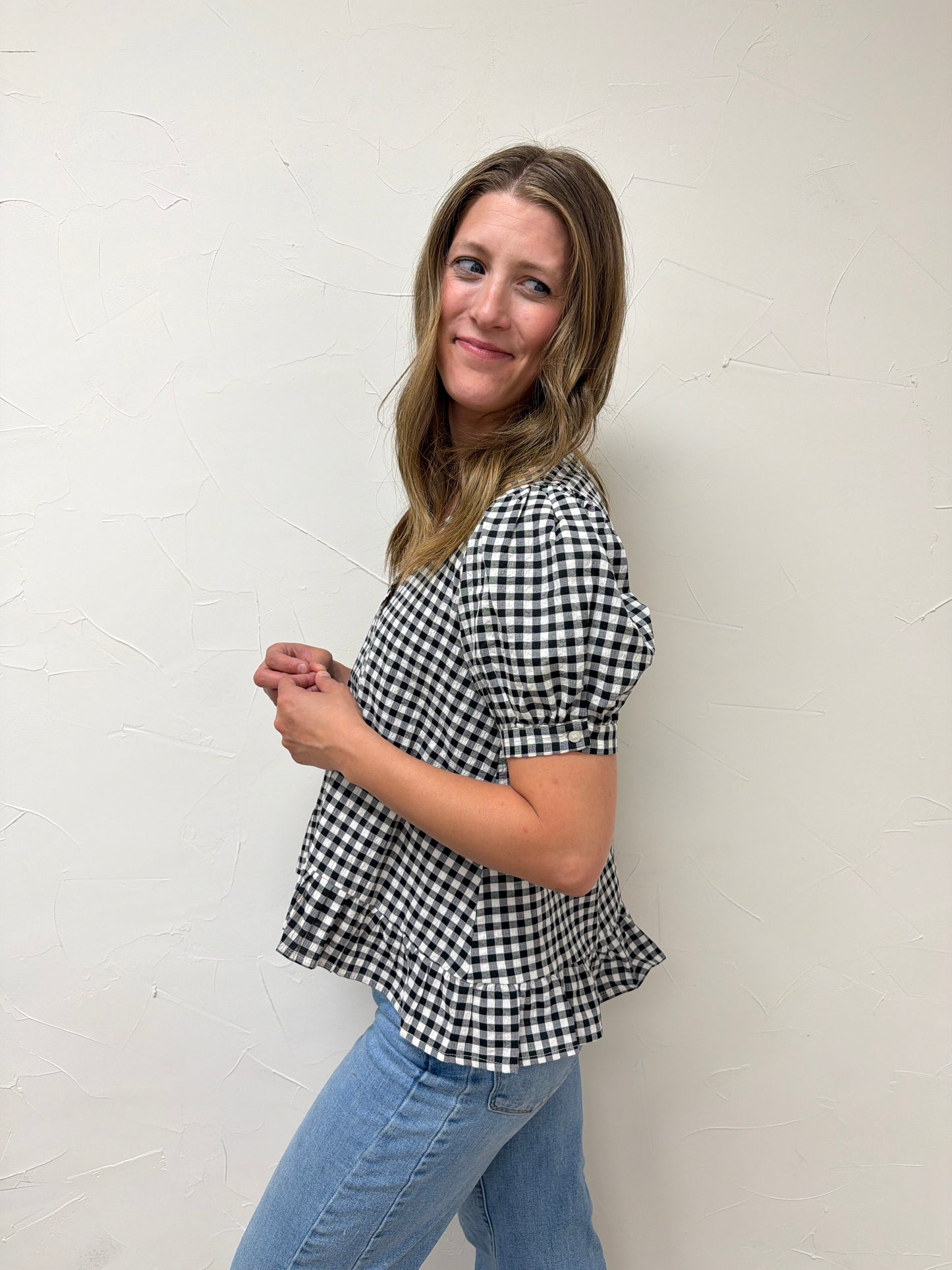Puff Short Sleeve V Neck Gingham Blouse