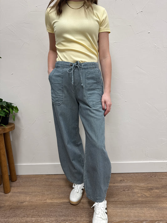 STRIPE DENIM WAIST TIE PARACHUTE PANTS