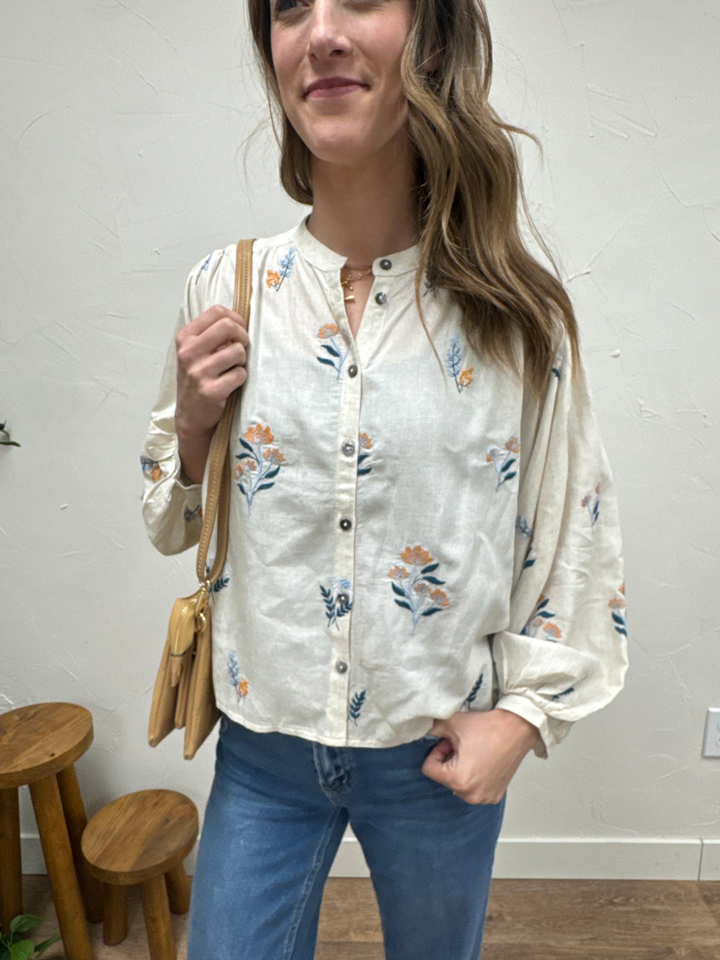 Button Down Embroidered Top