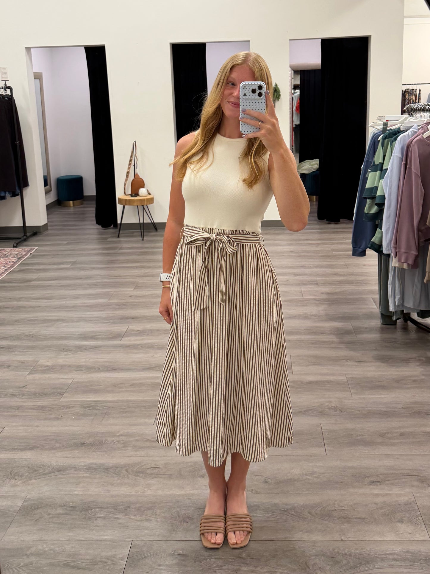 Front view of model wearing Crew Neck Tie Waist Combo Dress for Women