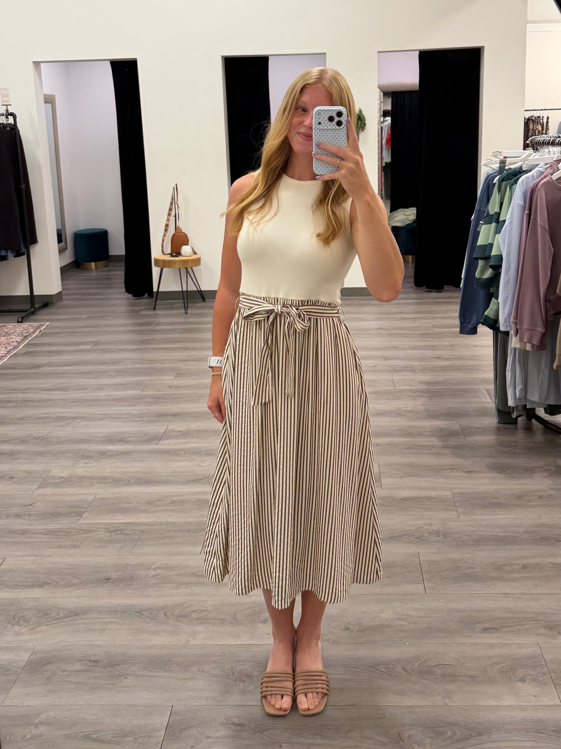 Front view of model wearing Crew Neck Tie Waist Combo Dress for Women