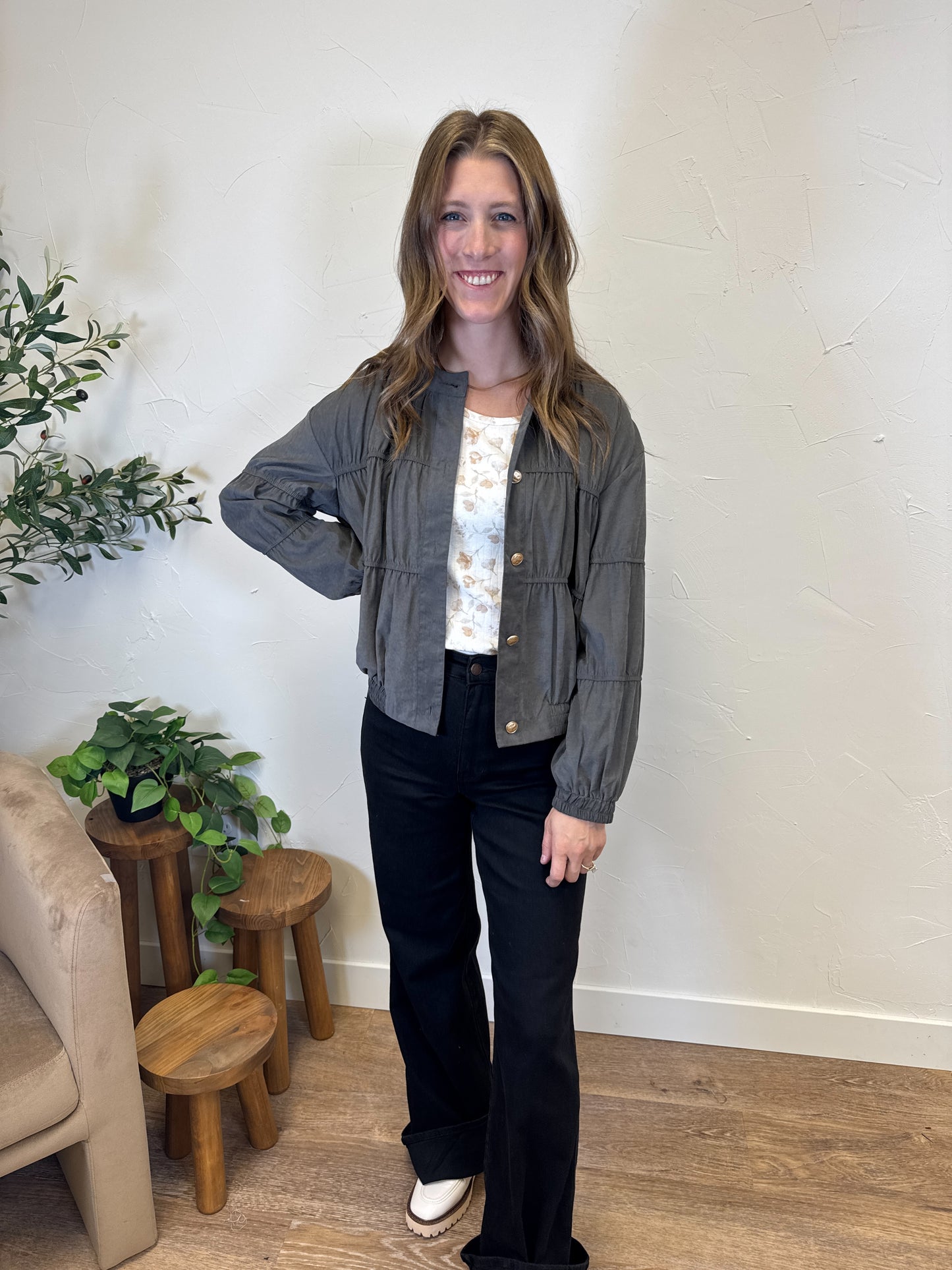 Light Weight Suede Elastic Piping Blouse Jacket