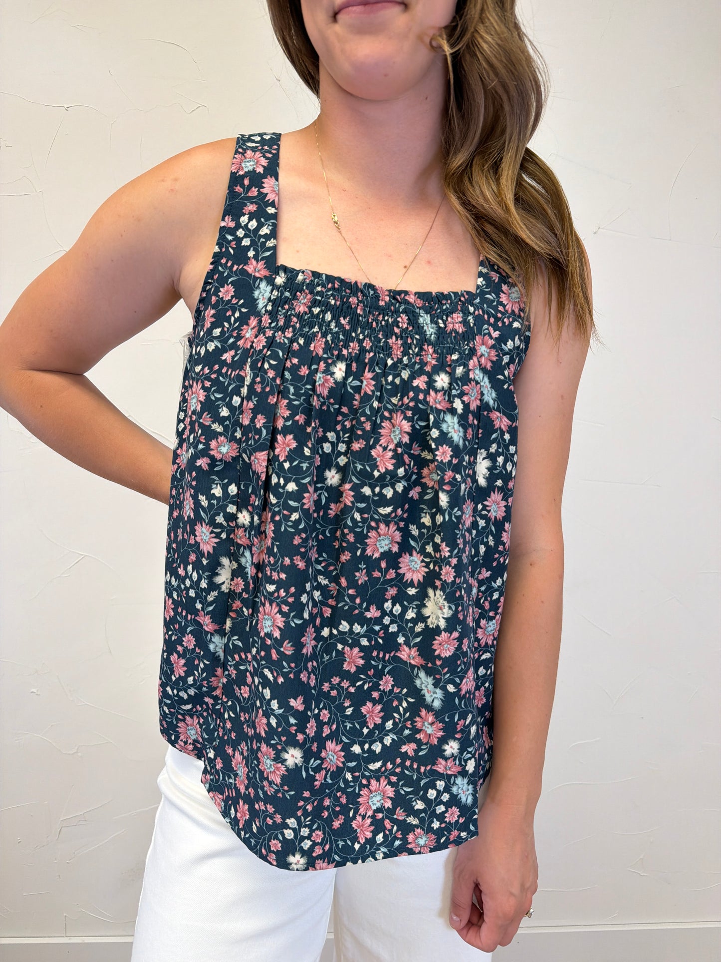 Square Smocked Neck Floral Print Top