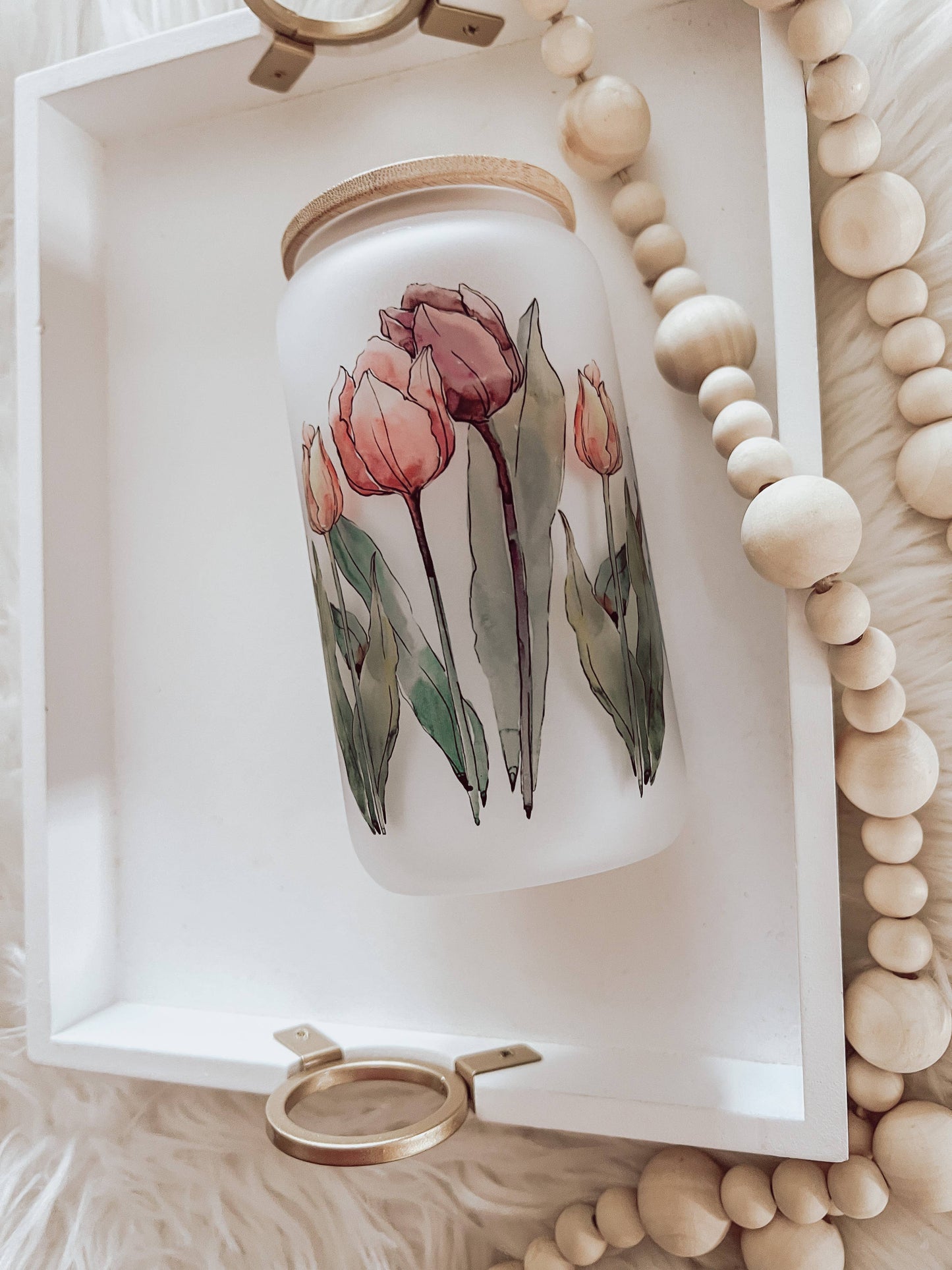 Watercolor Tulips Frosted 16oz Glass Cup with Bamboo Lid
