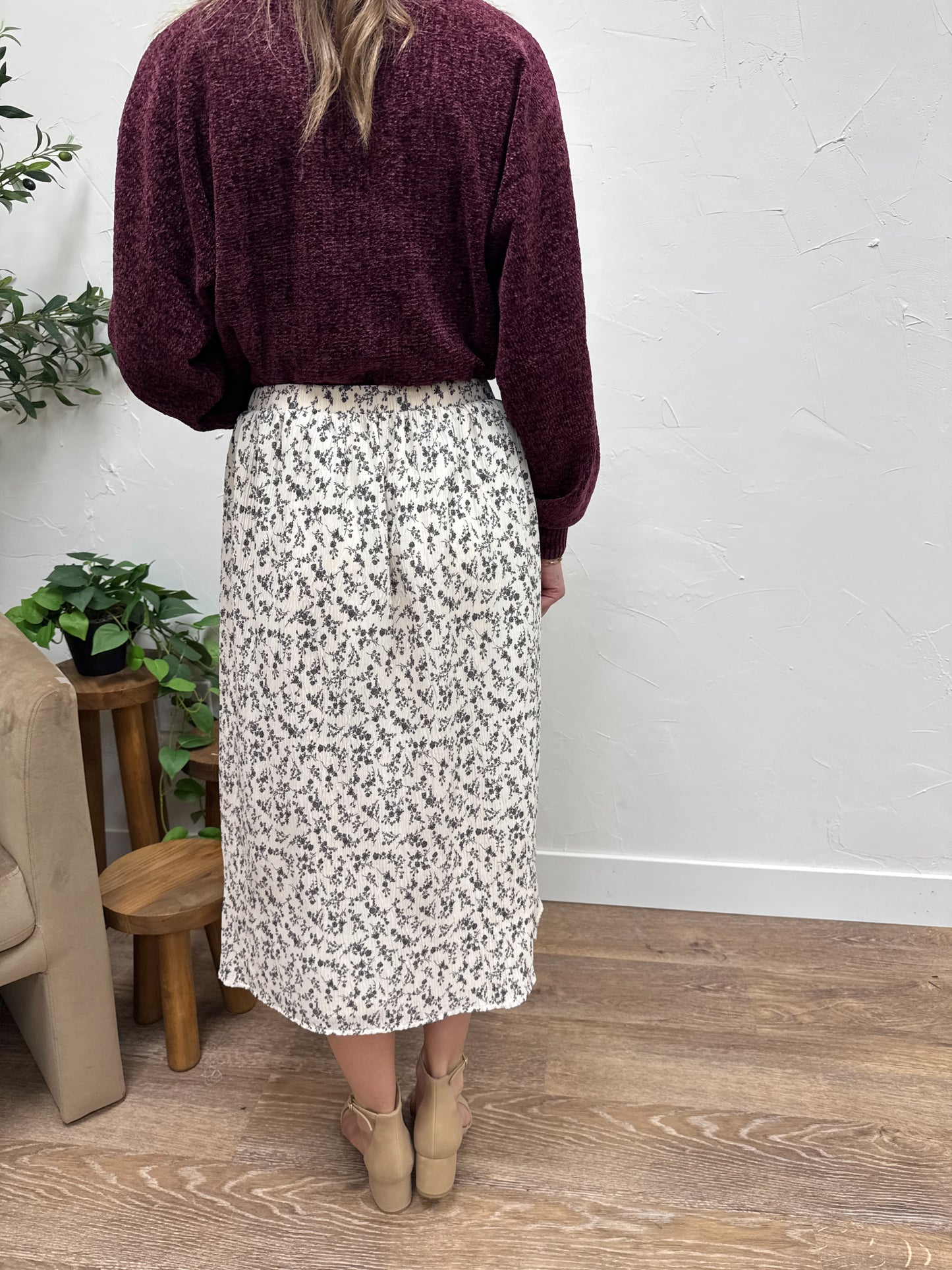 Floral Crinkle Midi Skirt