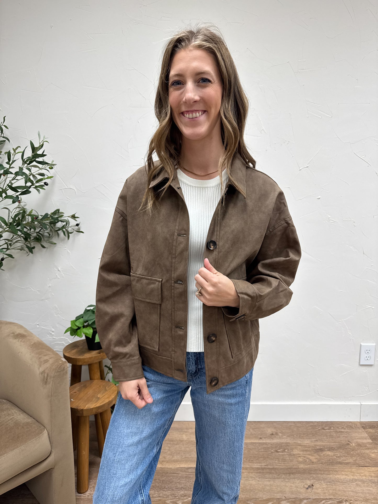 Faux Leather Button Front Shirt Jacket