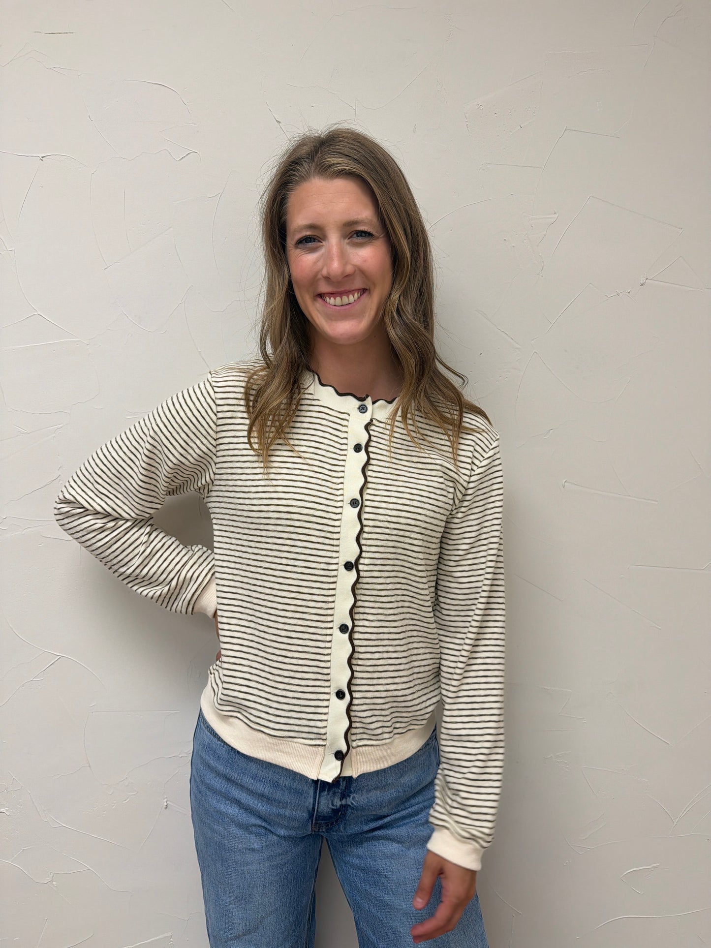 Stripe Knit Scallop Trim Cardigan