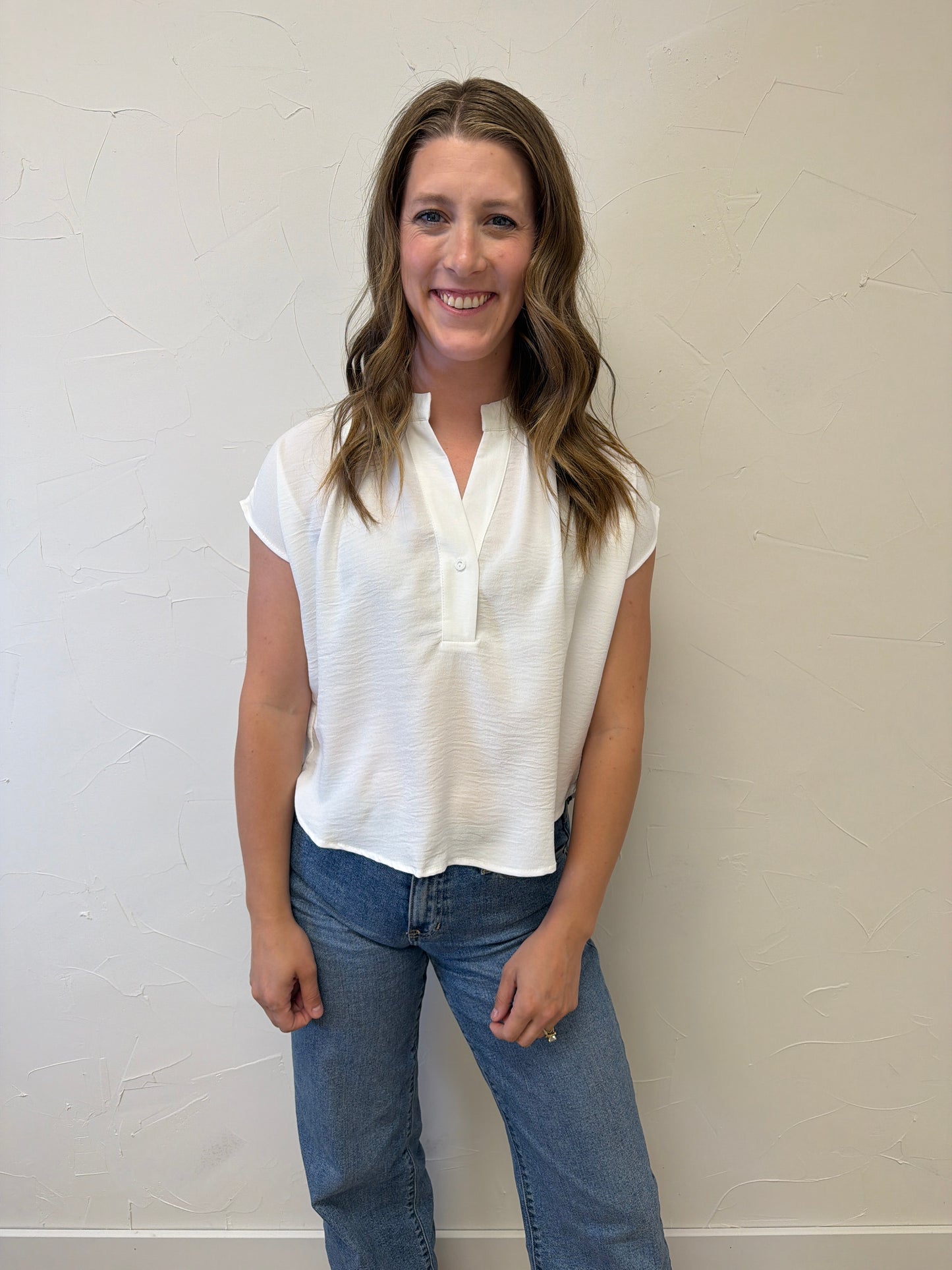 Henley neck Short Cap Sleeve Blouse